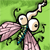 Pixelated insect-like creature with large compound eyes, pink wings, and a segmented body against a green background.