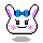 Pixel art bunny head with blue-green bow, pink inner ears, and blush marks; two expressions show closed eyes with open mouth versus square eyes with straight mouth.