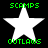 Four identical pixelated white stars on black background with green text 'SCAMPS' above and 'OUTLAWS' below each star.