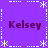 Purple background with white dashed lines and asterisk-like symbols forming a , four instances of the text 'Kelsey' in dark purple font at each quadrant
