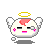 Pixelated angel icon with white wings, yellow halo, pink cheeks, and red hair patch; expression changes across frames including winking and mouth variations.