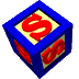 A blue cube with red and yellow symbols on its visible faces, rendered in pixelated 3D style against a gray background.