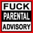 Static pixelated icon with red border and three horizontal text bands reading "FUCK PARENTAL ADVISORY" in black, white, and gray tones.