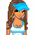 A 4x3 contact sheet of pixel art frames showing a female character in sports attire with blue headband, white crop top, and white pants with blue stripes across multiple poses and animation states including text overlays.