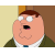 Pixelated cartoon character with brown hair and glasses, wearing a green jacket over white shirt and blue tie; another pixelated dog-like character in red collar holding small object.