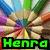 A four- displays a static image of colored pencils radiating from the center with text reading "Henra" in different colors