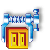 Four animated frames of a blue mechanical clamp holding a yellow-orange rectangular object with red borders and internal horizontal lines, arranged in a 2x2 contact sheet on white background.