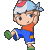 Pixel art contact sheet of a cartoon boy character in various poses across eight frames, wearing blue shorts and an orange shirt with a red-and-white headband.