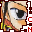 Pixelated close-up of a character's face with large eyes, brown hair, and red accents on the left side.