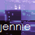 Animated sequence of repeating 'jennie' text over a purple and blue pixelated background with small white dots.