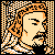 Pixelated static icon of a stylized human face with orange hair and beard, set against a black background with an orange-and-white checkered border pattern.