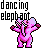A 4-frame animated contact sheet showing a pink dancing elephant character with red eyes and checkered patterns on its ears, accompanied by "dancing eleph-art" text and purple starbursts.