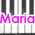 Pixelated piano keyboard background with pink text 'Maria' and a heart symbol, plus four question marks below.