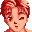 Pixelated avatar of a person with short red hair, closed eyes in first frame, and mouth open in second frame against gray background.