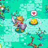 Pixel art character with blonde hair, sword and shield stands in a green environment with trees and water.