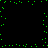 Green pixel clusters form a dynamic pattern against a black background, with scattered squares and rectangles creating a digital particle effect.