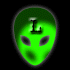 Green alien head icon with black 'L' letter on forehead, dark oval eyes, and subtle gradient shading across the face.