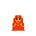 Pixelated character with orange hair and red dress, wearing alternating blue or orange pointed hats