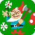 Pixelated gnome with red hat and boots, blue tunic, white beard holds flower in left hand and axe in right against green background.