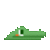 Green pixelated shape with white and orange accents shifts position across against gray background