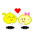 Two yellow cartoon characters with pink bows and black bases stand side-by-side, one holding a red heart above their heads.