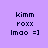 Pixelated text 'kimm', 'roxx', and 'lmao =]' on purple background with cyan highlight changing position across frames.