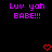 Pixelated text and heart symbols on a black background with purple and red elements.