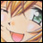 A 48x48 pixel buddy icon featuring a close-up of an anime-style character's face on the left and text elements on the right against a black background.