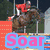 A pixelated image shows a horse jumping over an obstacle with a rider in red, while another section displays colorful abstract shapes and text.