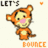 Pixelated orange tiger cub with pink nose and yellow belly stands on light background, next to text reading 'LET'S' above and 'BOUNCE' below, right side shows 'bigger is adorable' on solid orange.