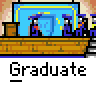 Animated contact sheet of a graduation-themed buddy icon showing sequential frames with repeated 'Graduate' text, blue and brown color scheme, and various celebratory elements like hands holding diplomas and photo frames.