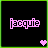 Two side-by-side pixel art display the name 'jacquie' in stylized text with a heart symbol at bottom right, one has pink elements on green border and black background while the other has green elements on pink border and black background