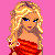 Pixel art contact sheet showing a cartoon character's outfit components and text elements on pink background with blue hearts and Xo symbols.