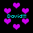 Black background with multiple purple pixelated hearts and cyan text reading "David!!!" in four locations.