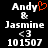 Pixelated text displays 'Andy & Jasmine <3 101507' with a red heart symbol replacing the ampersand in one version.