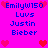 Pixelated icon with bright pink background displaying blue text and red hearts, repeating 'Emilyw150 Luvs Justin Bieber' in two with heart symbols