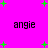 Bright pink background with scattered green plus signs and four instances of the word 'angie' in black pixelated text arranged in a