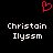 Red pixelated heart symbol above two identical text blocks reading 'Christain Ilyssm' on black background.