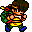 Pixel art character in green and yellow outfit with red accents, blue pants, brown hair, holding green backpack, shown in multiple poses against gray background.