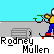 Pixelated animation of a figure in yellow shirt and blue pants performing actions on a gray platform with blue background, text "Rodney Mullen" below each pose.