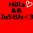 Red background with black pixelated text and a white heart symbol, displaying "MiRa" with heart, "B&B", and "JuStUs<3" repeated twice.