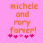 Pixelated orange text on pink background reads "michele and rory forver!" with five pink hearts below, two variations of heart colors visible.