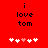 Red background with black text 'i love tom' and five white/pink pixelated hearts below, two versions showing heart color changes.
