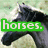 A horse's head appears in four quadrants with text overlays: green 'horses.', red 'friends', and pink 'justin' on the left side, while the right side is gray.