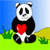 Pixelated panda with black and white fur holds a bright red heart against a blue sky and green-yellow landscape.