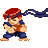 Pixel art character with red headband and blue outfit in fighting stance, holding orange object against gray background.