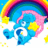 Pixelated cartoon icon featuring a blue character with pink hair, yellow star on chest, rainbow arc above, and scattered yellow stars against white background.