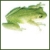 Green pixelated frog in mid-leap pose with extended limbs, dark eye spot on back, and light underbelly against white background.