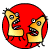 Pixelated circular icon with red background showing two yellow cartoon figures with wide eyes and open mouths.