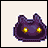 Pixel art animation of a dark purple cat-like creature with glowing yellow eyes across seven frames in a contact sheet layout.